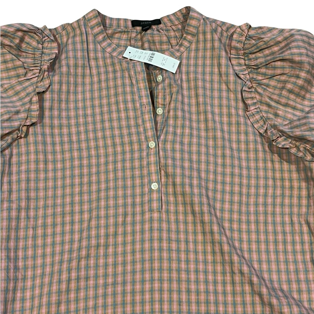 J.Crew Smocked Cotton Poplin Puff-sleeve Top in Gingham- NWT XL Cozy versatile